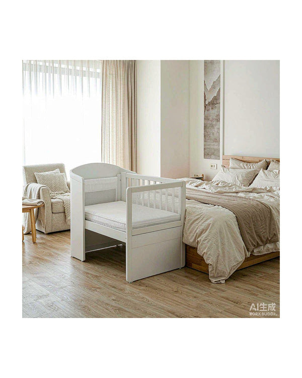 Born Light C03 convertible bedside crib, white frame with mesh side panel, 6 height positions