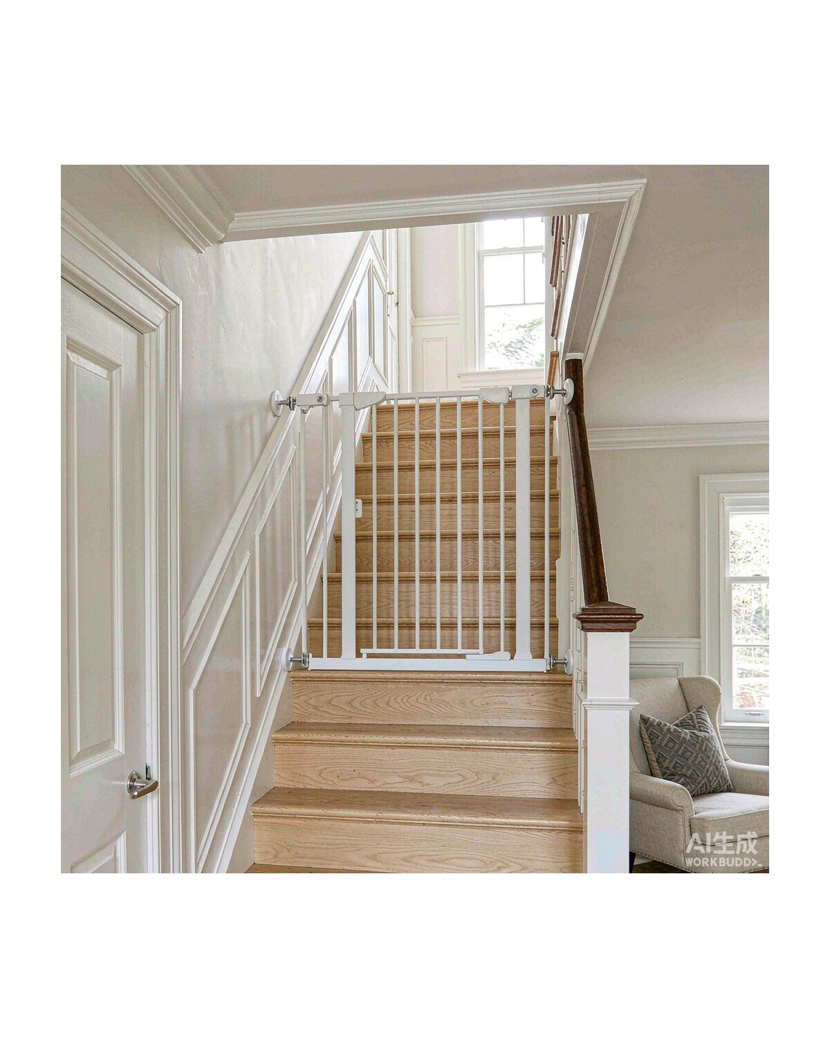 Born Light 43 inch baby safety gate mounted at the top of a staircase, white finish, 29.7-49 inch adjustable width