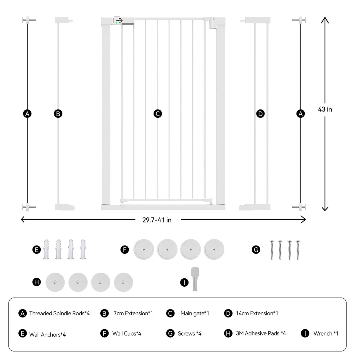Width adjustment diagram — Born Light gate fits 29.7–41" openings