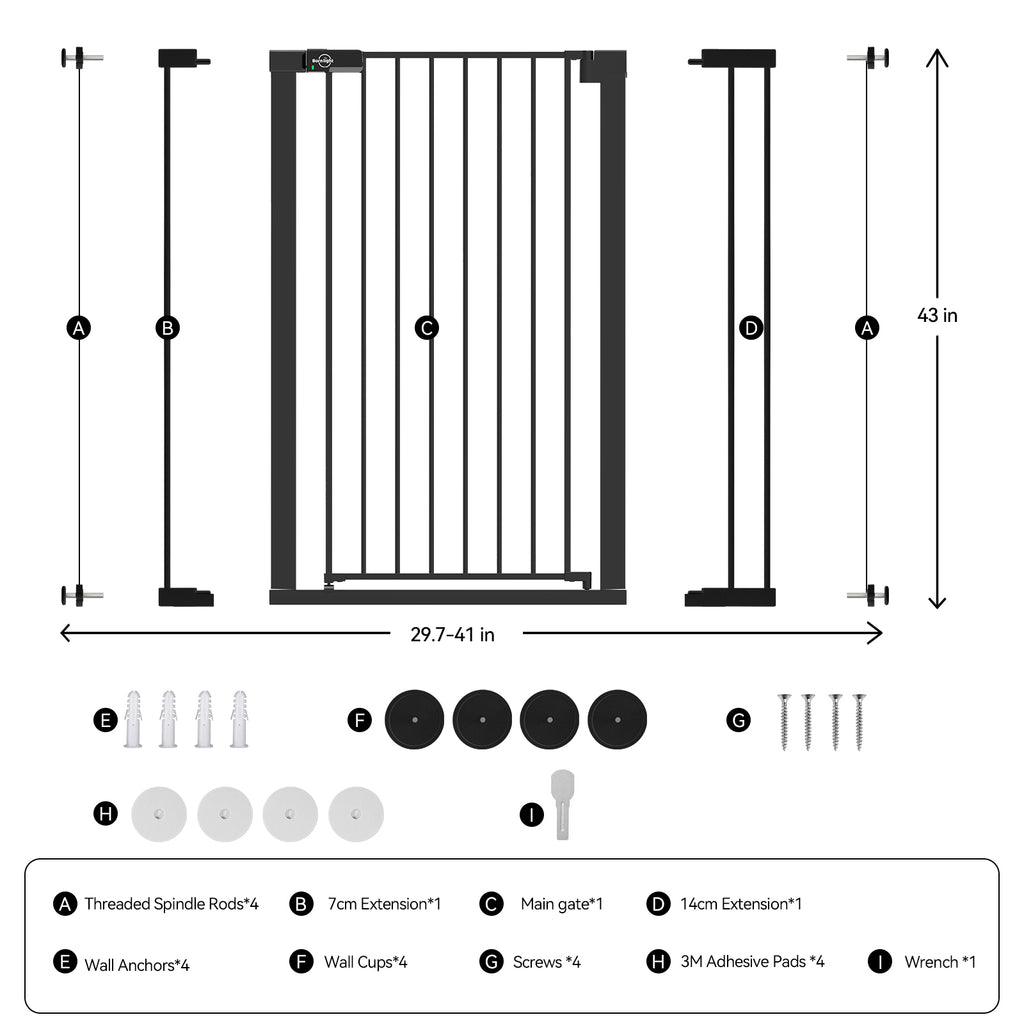 Width adjustment diagram — Born Light gate fits 29.7–41" openings