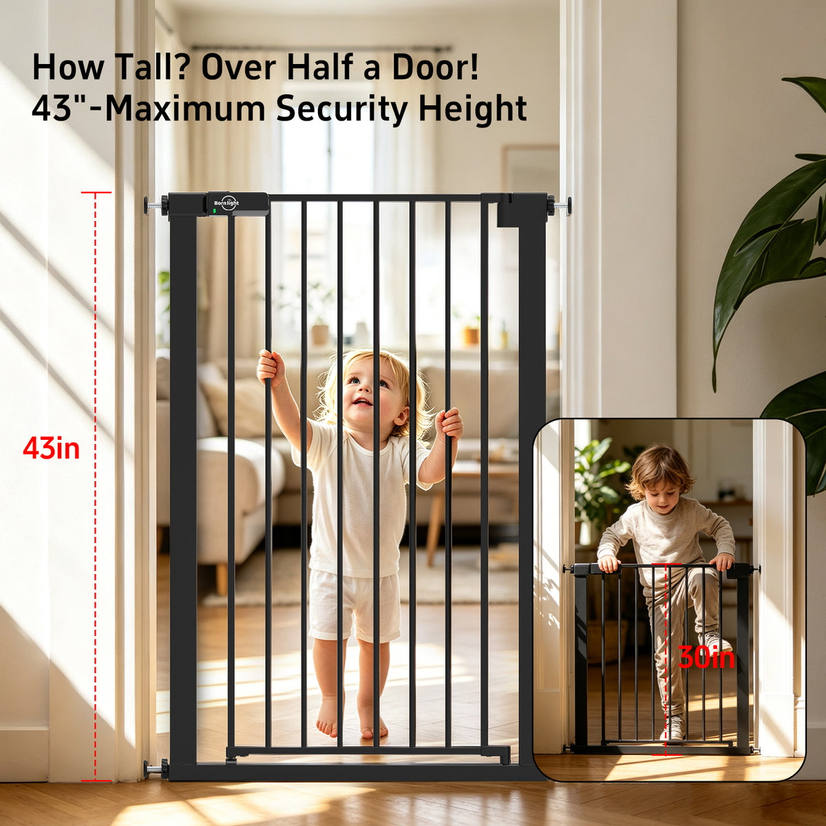 Born Light 43" extra tall baby safety gate, black, 29.7–49" adjustable width — view 2
