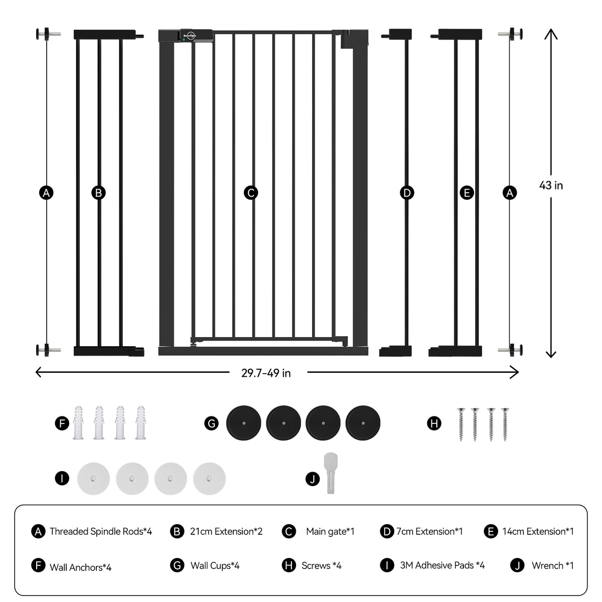 Width adjustment diagram — Born Light gate fits 29.7–49" openings