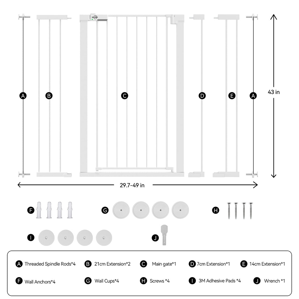 Width adjustment diagram — Born Light gate fits 29.7–49" openings