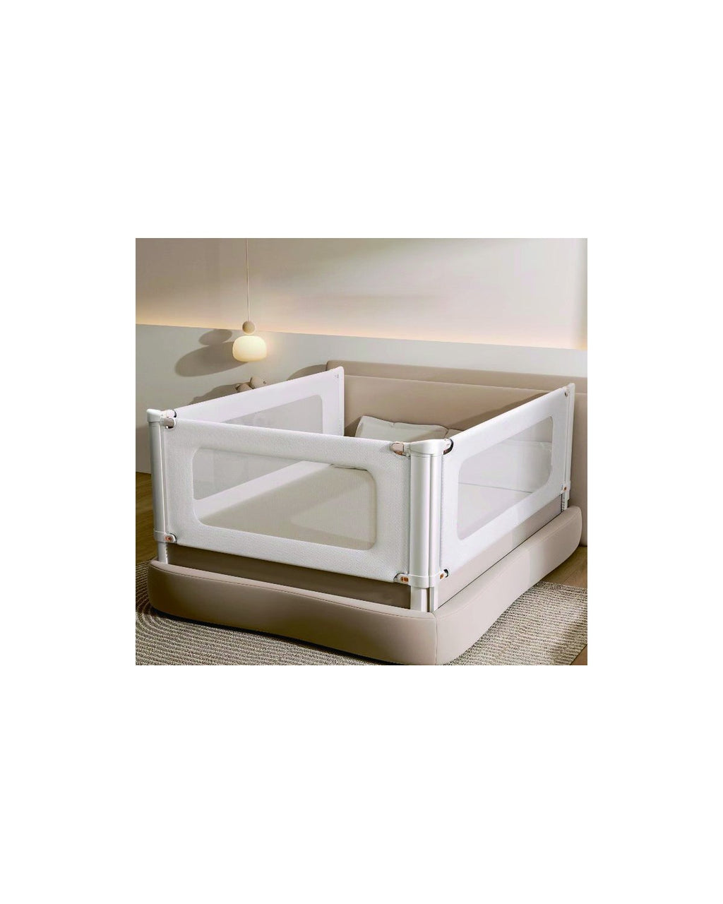 Born Light adjustable baby bed rail with dog embroidery, powder-coated steel frame