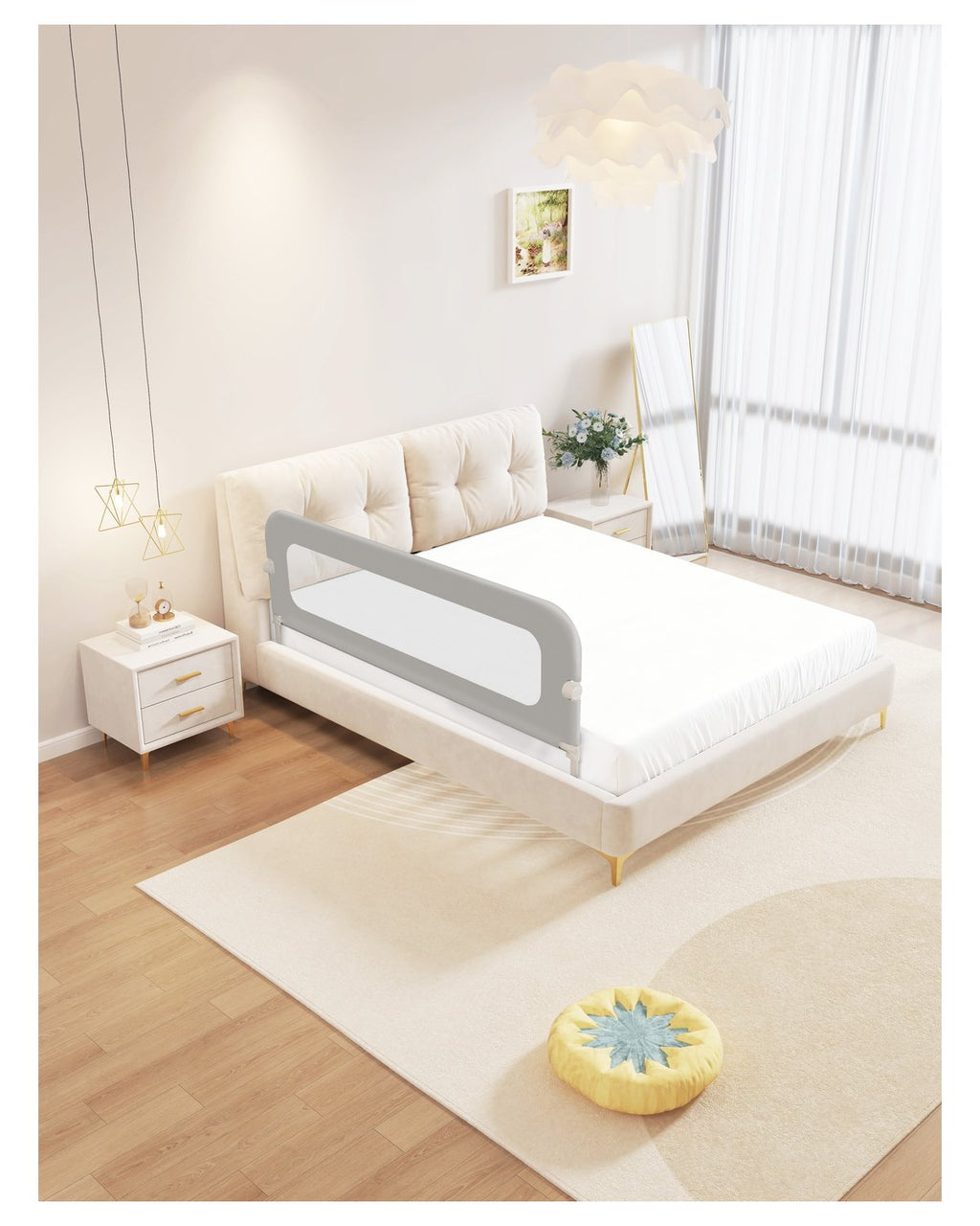 Born Light adjustable baby bed rail with tiger embroidery, lift-and-lower frame